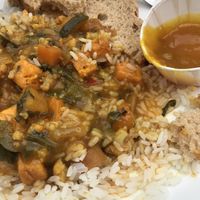Vegan curry with spelt bread and mango chutney at Blue Note Cafe in Glastonbury