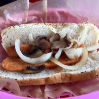grilled veggie dog with grilled onions and mushrooms.  at Mustard's Last Stand - Harbor City Blvd in Melbourne