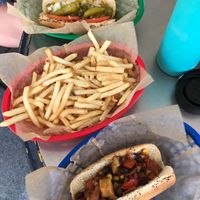 Chicago style & chili dogs, both veggie, and a basket of fries at Mustard's Last Stand - Harbor City Blvd in Melbourne