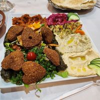 Falafel and salads sharing platter for 2 at Yamal Asham in Rabat