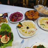 Tabouli, baba ganoush, aubergine salad, falafel,hummus at Yamal Asham in Rabat