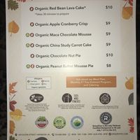 Fall dessert menu  at GreenFare Organic Cafe in Herndon