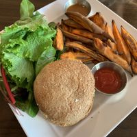 Jackfruit bbq sandwich with sweet potato fries and mixed greens  at GreenFare Organic Cafe in Herndon