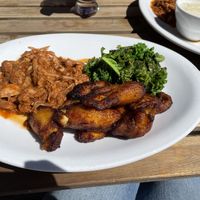 Jack fruit platter (plantains are vegan without the cream dressing)  at Luna Rotisserie & Empanadas in Durham