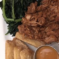 Jackfruit platter with kale and yuca frits  at Luna Rotisserie & Empanadas in Durham