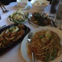 Singapore vermicelli without egg, vegan beef with ginger and spring onion, sizzling vegan chicken and mixed vegetables with rice  at Imperial Dynasty in West Malling