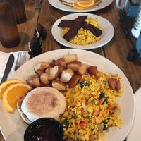 Garden veggie tofu scramble, plain tofu scramble with vegan bacon, vegan pancakes  at Backwater in Melbourne