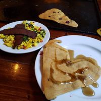 Vegan bacon, tofu scramble, and vegan pancakes at Backwater in Melbourne