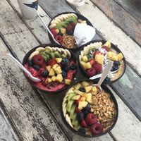 Boho bowls + soy latte  at Bohemian Raw Cafe in Whitsunday