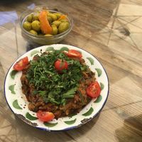 Foul with marinated zeitun achbar  at Shams El Balad Cafe in Amman