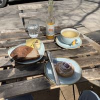 sourdough bread roll with "cheese", vanilla/chocolate/strawberry pastry - all vegan  at Kaf in Copenhagen