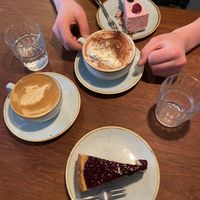 Raspberry and New York cheesecake, cappuccino and hot chocolate  at Kaf in Copenhagen