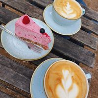 Raspberry cake + coffee latte at Kaf in Copenhagen