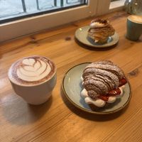 chocolate milk, strawberry cream croissant, coffee cream bun  at Kaf in Copenhagen