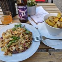 Slavic gnocchi with sauerkraut and tofu and roasted potatoes at Blatouch in Prague