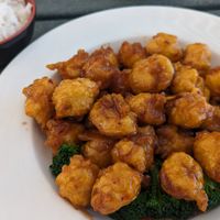 Orange chicken, I didn't consider it spicy at all.  But very good. at Xin Bowl in Ridgecrest