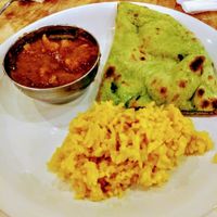 veg curry, tumeric rice, and vegan naan at Milan Nataraj in Tokyo