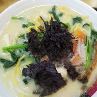 Veg slice 'fish' noodle, option to add milk or clear soup S$4 at Cai Gen Xiang 菜根香 in Northeast Singapore
