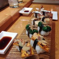Nigiri platter - squash, spinach, king oyster mushroom, and shiitake mushroom.  at Arami in Chicago