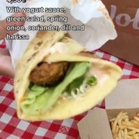 Large Falafel with Yogurt Sauce at Baba Ghanoush Falafel Shop in Athens