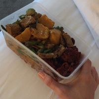 To Go Dish, okra, sweet and sour pork, beans and tofu and potatoe curry with brown rice for 5.50 sgd  at Perfect Vegetarian in Central Singapore