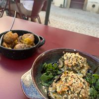 Stuffed mushrooms and roast potatoes  at Maria Portuguesa Tapas in Coimbra