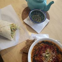lentil soup, wrap with vegetables and vegan cheese, tartar tea at Vegan Day in Kazan