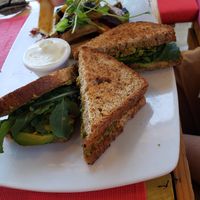 Vegan sandwich with roasted potatoes and vegan mayo at Clorofila in Playa Del Carmen