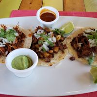 BBQ jackfruit, jackfruit carnitas, and spiced potato tacos at Clorofila in Playa Del Carmen