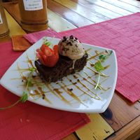 Vegan brownie with vegan hazelnut ice cream at Clorofila in Playa Del Carmen