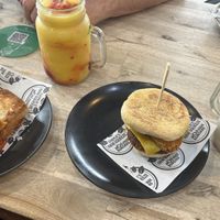 Hash Moofin, cheeze and tomato toastie, salted caramel smoothie and jungle vibes juice (in the back falafel wrap on gluten free bread instead)  at Charlie's Raw Squeeze in Greenslopes