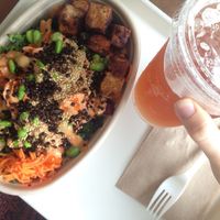 seoul bowl with BBQ miso tofu and a strawberry sage kombucha at Whole Heart Provisions in Allston