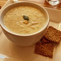 the calm chowder… corn chowder! so good!!  at Right Path Organic Cafe in New London