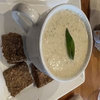 Corn chowder and an almond base, dehydrated pulp crackers  at Right Path Organic Cafe in New London