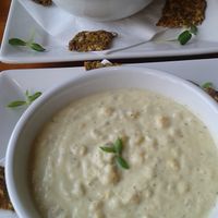 almond based corn chowder with raw crackers at Right Path Organic Cafe in New London