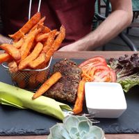 Small steak with sweet potato fries at Veggiezz - Am Salzgriess in Vienna