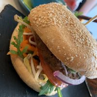 Delight burger! The orange mustard and crispy patty were delish! at Veggiezz - Am Salzgriess in Vienna