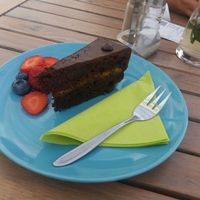 Tiny, dry, expensive sacchertorte at Veggiezz - Am Salzgriess in Vienna