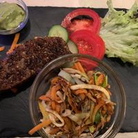 Seitan pepper steak, guacamole and ‘grilled vegetables' at Veggiezz - Am Salzgriess in Vienna