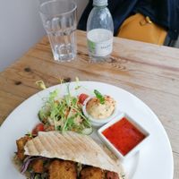 Toasted pitta with chickpea & sweetcorn fritters at The Veggie Cafe in Ilkley