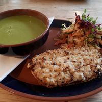 Pea and courgette soup, and vegan rarebit at The Veggie Cafe in Ilkley