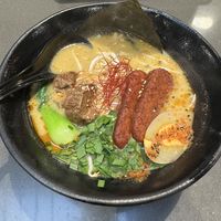 Spicy garlic katsu ramen with a vegan egg  at Ramen Hood in Los Angeles