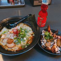 Garlic ramen with poutine fries at Ramen Hood in Los Angeles