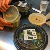 Spicy and garlic ramen carry out  at Ramen Hood in Los Angeles