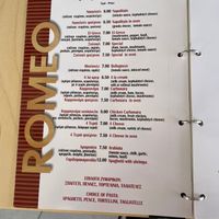 Romeos menu/ some pasta might be vegan at Romeo Pizza in Volos