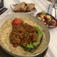 Turkish plate with eggplant and vegan meat  at KafeNAsanat in Istanbul
