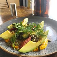 Avo, pumpkin, rhubarb, coffee and herbs at Gather in Northbridge