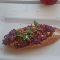 Chlebícheck with red cabbage-based dressing at Chlebíček Store in Prague