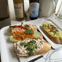 Matcha-mango lemonade and non-alcoholic beer  at Chlebíček Store in Prague
