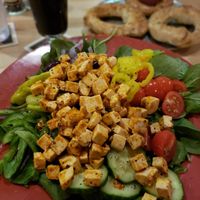 Greek Salad without feta and with Buffalo Tofu at Tomato Bar Pizza Bakery in Schererville